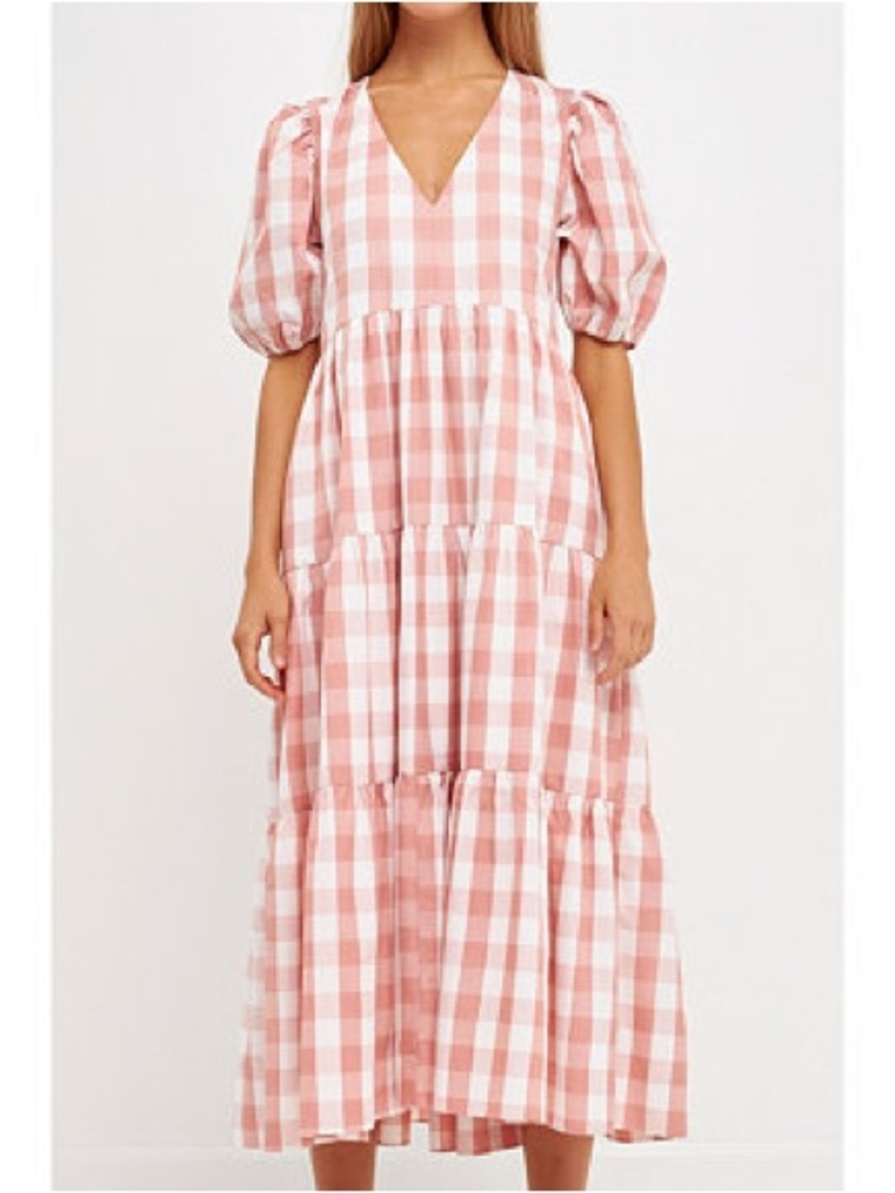 Pink Gingham V-Neck Tiered Maxi Dress
